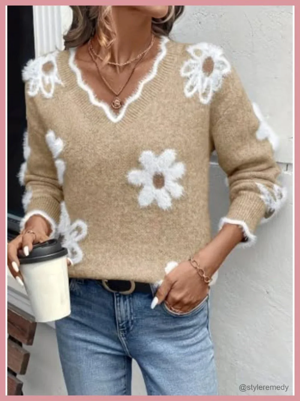 Women's Fuzzy Pullover Sweater V-Neck Long Sleeve Floral Print Cozy Knit Top